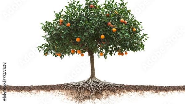 Fototapeta A fruit tree with visible roots, fully isolated and centered on a Tranparent background, PNG file