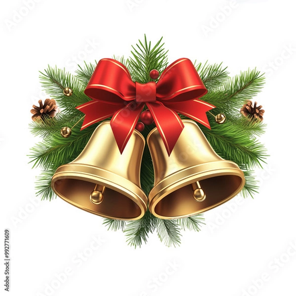 Obraz Christmas bells with red bow ribbon isolated on white background