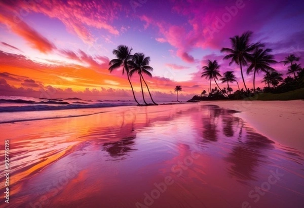 Fototapeta vibrant coastal landscape featuring stunning sunset silhouetted palm trees colorful sky, beach, coastline, nature, water, clouds, evening, tropical, scenery