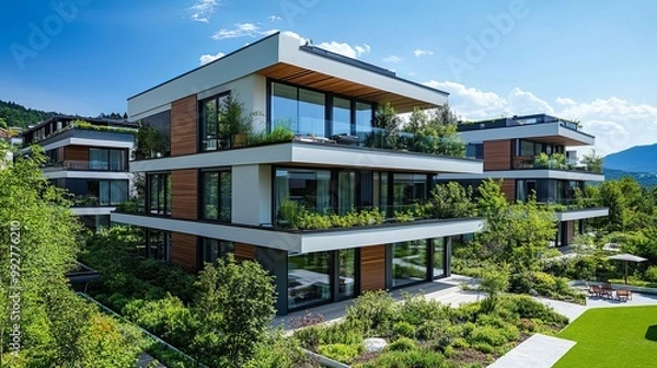 Fototapeta Modern Architecture with Lush Green Landscaping and Balcony Views
