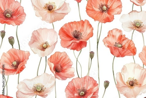 Obraz A vibrant floral pattern featuring delicate poppies in soft shades of peach and white, perfect for backgrounds and designs.