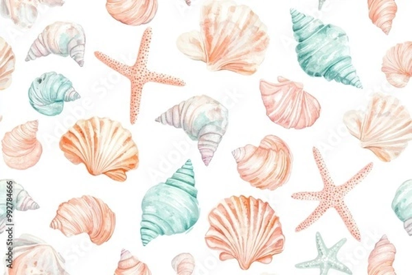 Fototapeta A vibrant watercolor illustration of various shells and starfish, perfect for beach-themed designs and summer projects.