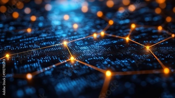 Fototapeta A connected polygon light highlights cybersecurity's role in data protection, set against a dark blue background with binary code.