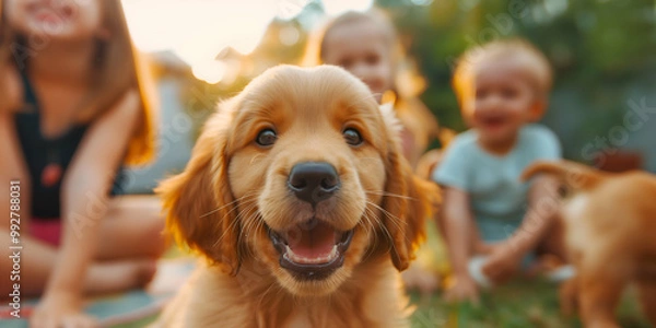 Fototapeta A happy golden retriever puppy in the foreground, smiling at the camera. In the background, children are playing and enjoying a sunny day outdoors.