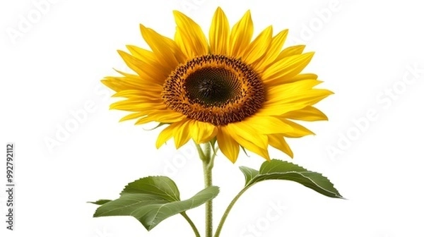 Fototapeta A single sunflower with vibrant yellow petals against a clean white background, hyper real, high quality, sharp images, graphic, illustration