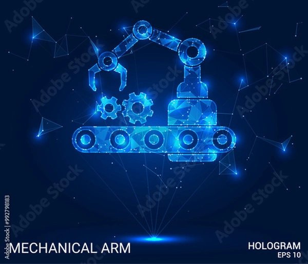 Fototapeta Mechanical arm hologram created with polygons and lines. A low-poly design symbolizing automation and technology in a futuristic, vector-based concept.