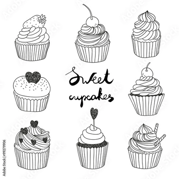 Obraz hand drawn vector set with cute cupcakes