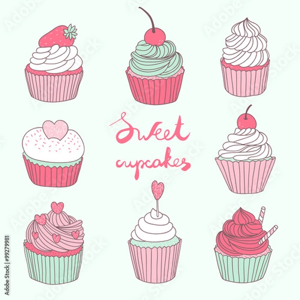Obraz hand drawn vector set with cute cupcakes