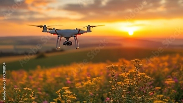 Obraz A drone flies over agricultural fields, emphasizing its role in observing growth, fertilization, and innovation in crop technology.