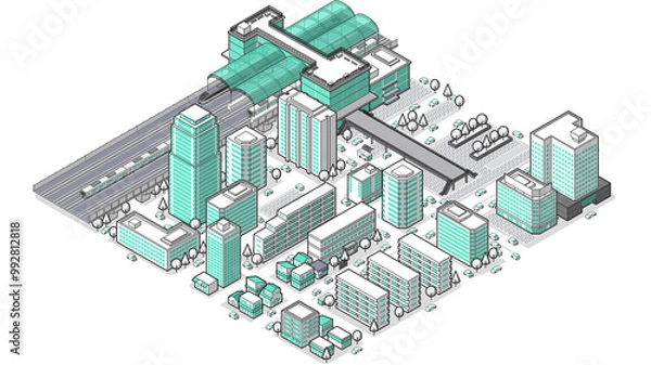 Fototapeta 俯瞰から見た立体の駅のベクターイラスト