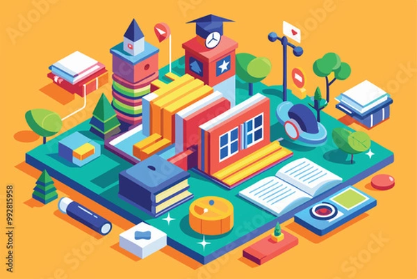 Obraz This vibrant illustration showcases a school environment while marking the celebration of the end of the school year, Customizable isometric illustration for end of school