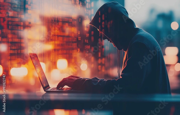 Fototapeta Cyber hacker attack concept. Abstract digital hacker man with a laptop. Male criminal, hoodie and ready for coding, cyber-attack and programming for malware with tech, scam and data