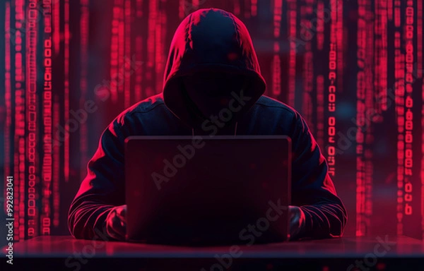 Fototapeta Cyber hacker attack concept. Abstract digital hacker man with a laptop. Male criminal, hoodie and ready for coding, cyber-attack and programming for malware with tech, scam and data