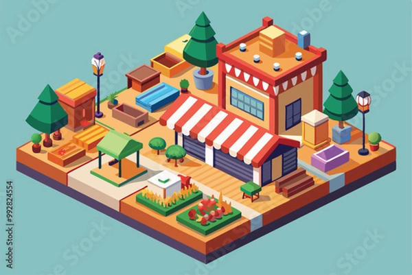 Fototapeta A lively, customizable marketplace design featuring various stalls, greenery, and pathways for vendors and visitors, Customizable isometric illustration for marketplace.
