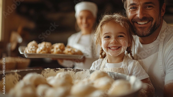 Fototapeta A joyful family baking together in a warm kitchen, creating delicious pastries and sharing smiles, embodying love and togetherness.