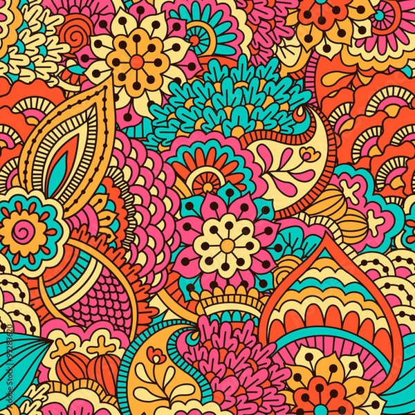 Fototapeta Hand drawn seamless pattern with floral elements. 