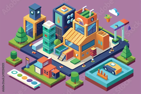 Fototapeta This artwork features an imaginative urban environment focused on innovative upcycling designs and sustainability, Customizable Isometric Illustration for Upcycling