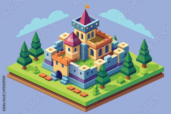 Fototapeta A detailed, customizable isometric illustration of a colorful castle set amidst green hills and trees, Customizable isometric illustration of a castle.