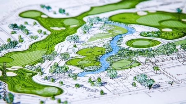 Obraz Blueprint of an eco-friendly golf course design, detailing water conservation systems and native landscaping