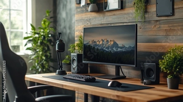 Fototapeta A modern workspace featuring a monitor, keyboard, and plants, designed for productivity.