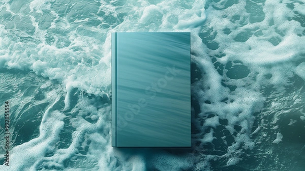 Fototapeta A mockup of an empty book cover, featuring gradients from teal to blue-green and an ocean wave pattern in the background
