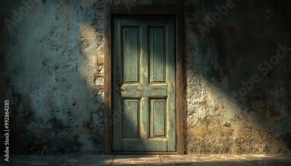 Fototapeta Old wooden door slightly ajar, eerie light coming through, 3D Render Blender Style, middle shot, isolated background, with space for text.