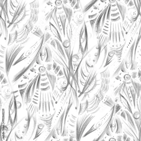 Fototapeta Abstract leaves and drops - charcoal graphitic black and white pattern.