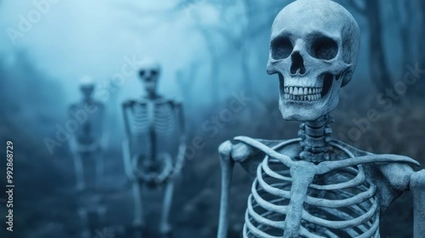 Fototapeta A haunting scene featuring skeletons in a foggy forest, perfect for Halloween or eerie themes.