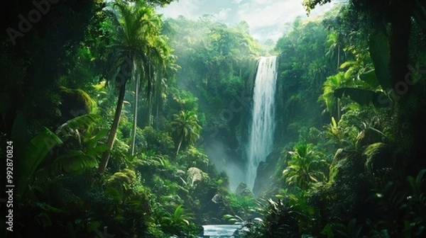 Fototapeta A lush green jungle with a waterfall in the background