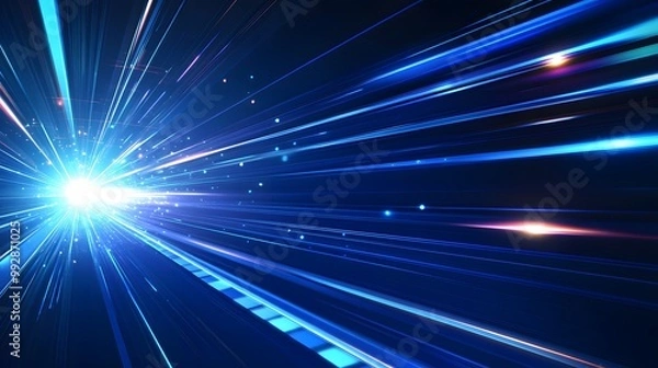 Fototapeta Vector Abstract, science, futuristic, energy technology concept. Digital image of light rays, stripes lines with blue light, speed and motion blur over dark blue background. 