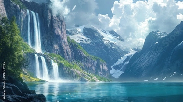 Fototapeta A beautiful mountain range with a waterfall and a lake