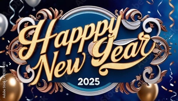 Fototapeta Celebrate the arrival of 2025 with a stunning Happy New Year 2025 image set against a breathtaking view. The words “Happy New Year 2025” are beautifully written in a natural or urban landscape
