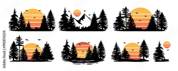 Fototapeta forest landscape with fir trees and orange sun vector silhouette set. forest landscape vector silhouette.forest silhouette vector 