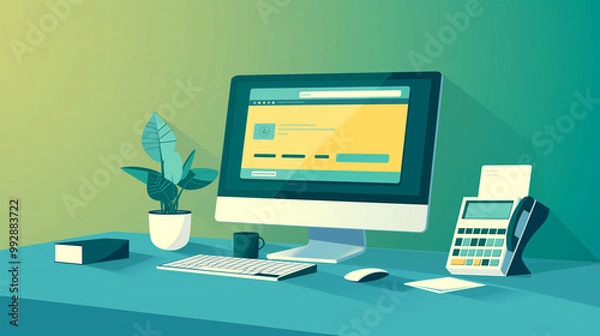 Fototapeta Modern Office Desk with Computer, Phone, and Plant