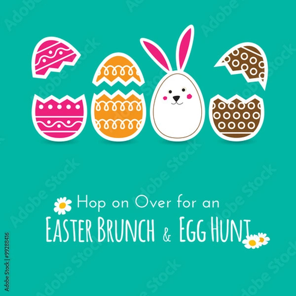 Fototapeta Simple Easter wishing card with cracked eggs and bunny in flat design