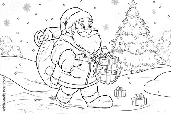 Fototapeta Coloring Page: Santa with presents next to the festively decorated tree