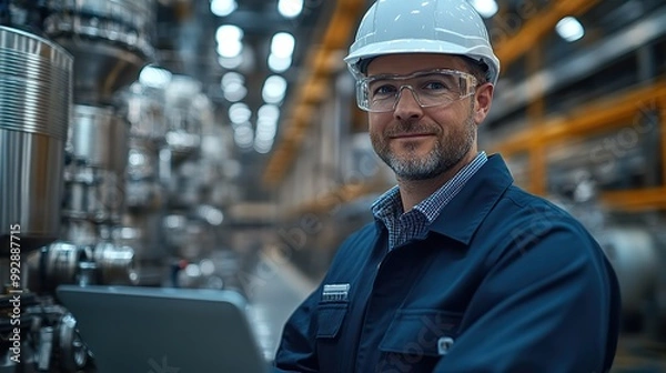 Obraz A portrait of an industrial engineer with a laptop in a factory setting, showcasing the integration of technology in modern manufacturing processes.