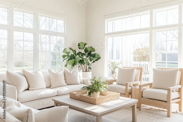Fototapeta Modern living space with large window and natural lighting