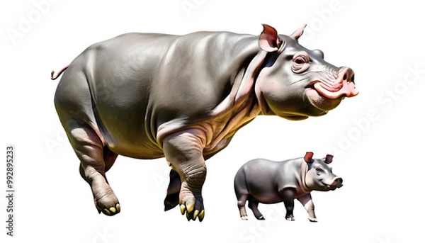 Fototapeta Happy pygmy hippopotamus with baby, isolated on a transparent background	