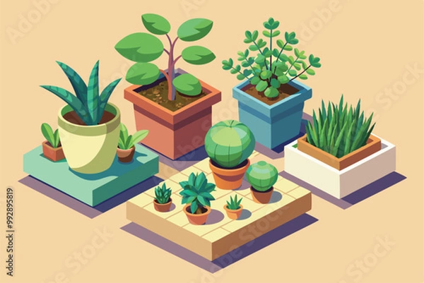 Fototapeta This illustration features a vibrant display of customizable potted plants arranged artfully on a surface, Customizable isometric illustration of potted plants.