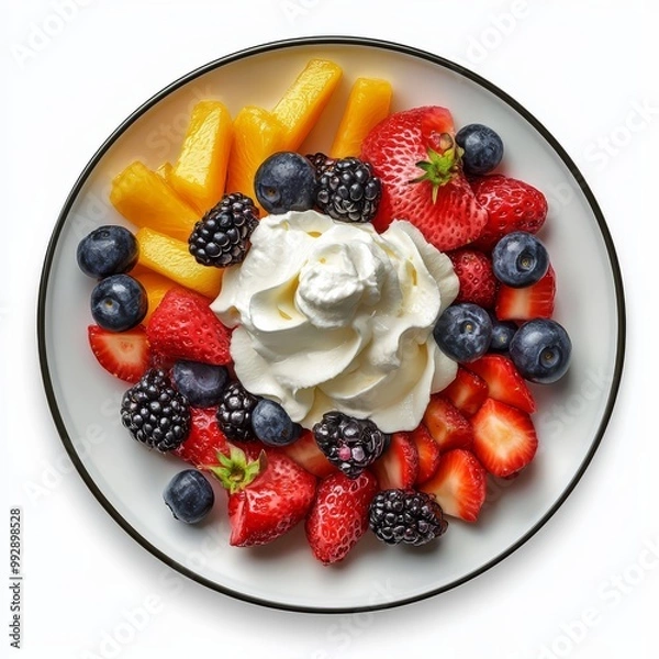 Fototapeta A colorful plate of fresh mixed fruits including strawberries, blueberries, blackberries, and mangoes, topped with whipped cream.