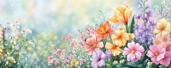 Fototapeta A colorful bouquet of blooming flowers surrounded by a soft, dreamy background, evoking a sense of tranquility and natural beauty.
