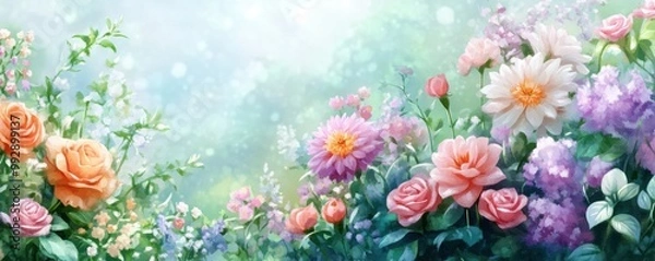 Fototapeta A vibrant floral landscape showcasing a variety of blooming flowers in soft colors, creating a serene and enchanting atmosphere.