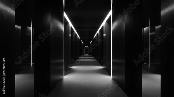 Obraz A dark corridor illuminated by linear lights, creating a mysterious atmosphere.