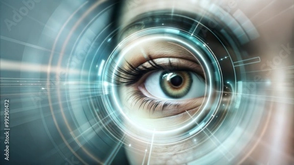 Fototapeta Eye with Digital HUD Display, Biometric Technology in Sci-Fi Style