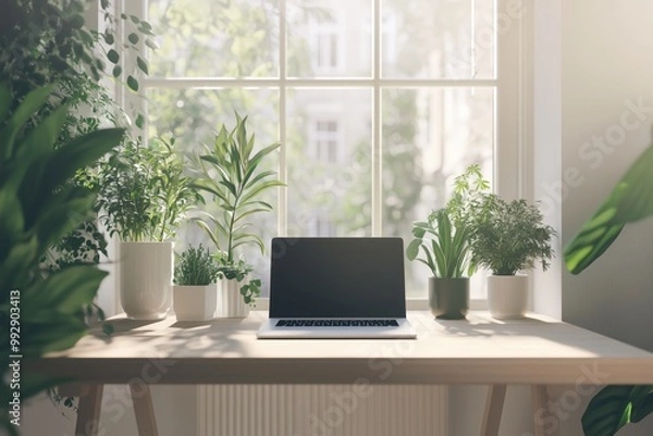 Fototapeta Neutral color palette and minimalist home office setup