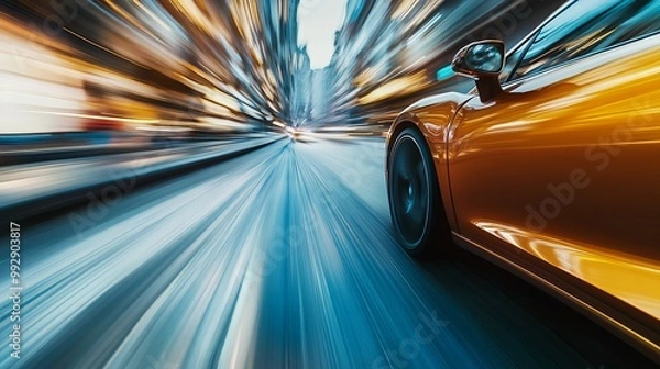 Fototapeta Blurred image of a fast-moving car captured during motion, creating an abstract sense of speed and movement. 