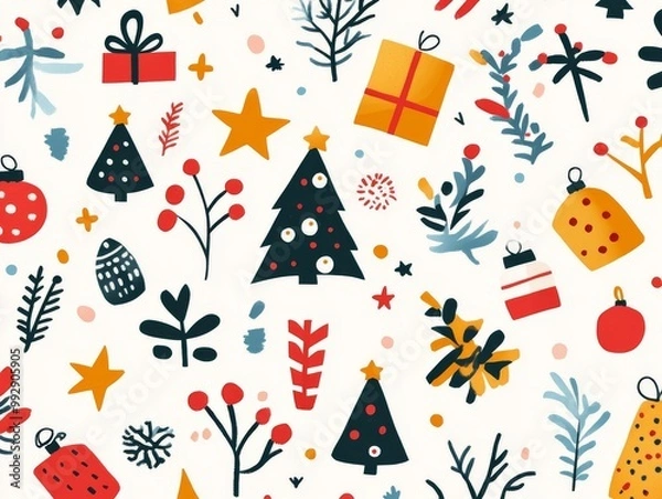 Fototapeta 2408 12.A Christmas pattern filled with holiday icons like Christmas trees, presents, garlands, stars, and twigs, all illustrated in a cute Memphis boho style. The hand-drawn elements are arranged in
