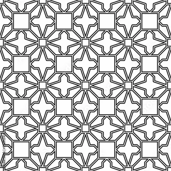 Fototapeta Seamless geometric pattern consisting of overlapping black and white lines on a white background forming a regular and symmetrical arrangement. Suitable for interior decoration, print, or graphic desi