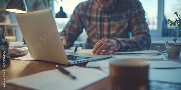 Fototapeta Focused on Work in a Cozy Office. A man works diligently at his desk in a home office, surrounded by paperwork, a laptop, and a cup of coffee. 